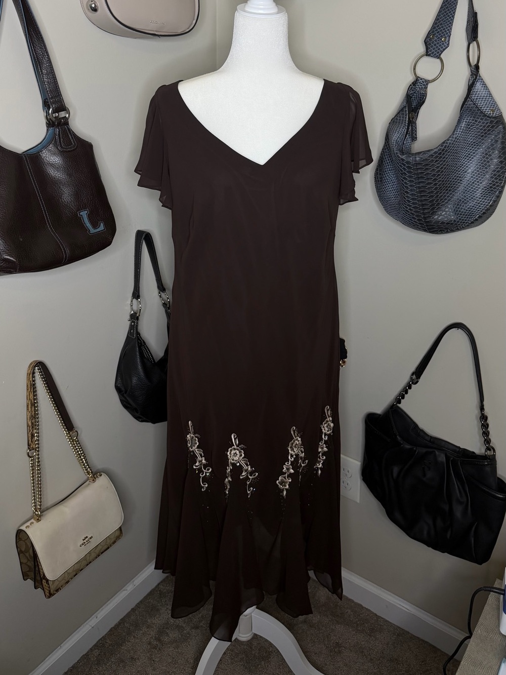 Dressbarn Dark Brown Midi Dress with Embroidered Beaded Hem - Size 16W